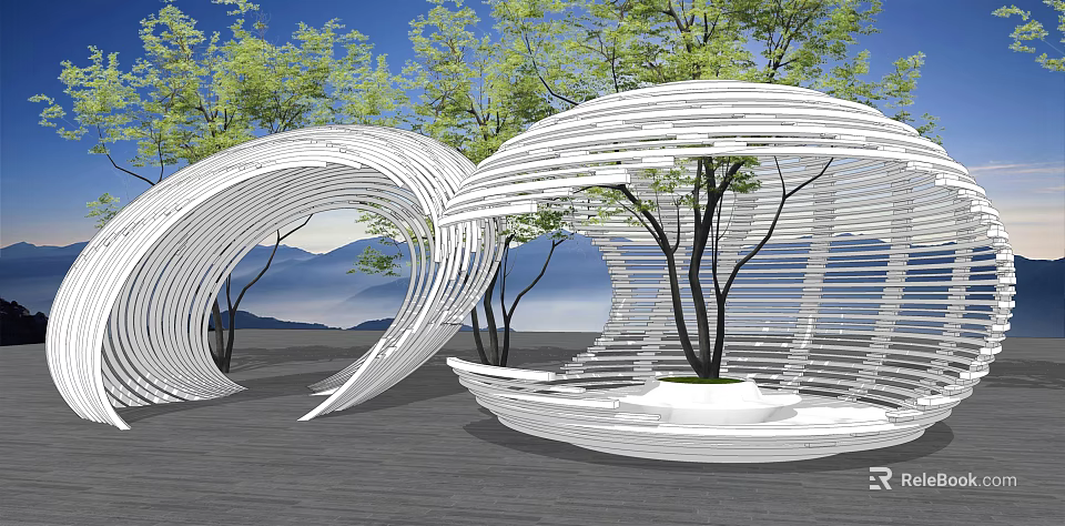 Modern Garden Landscape With White Spiral Structures Trees Blue Sky And Distant Mountains 3d model