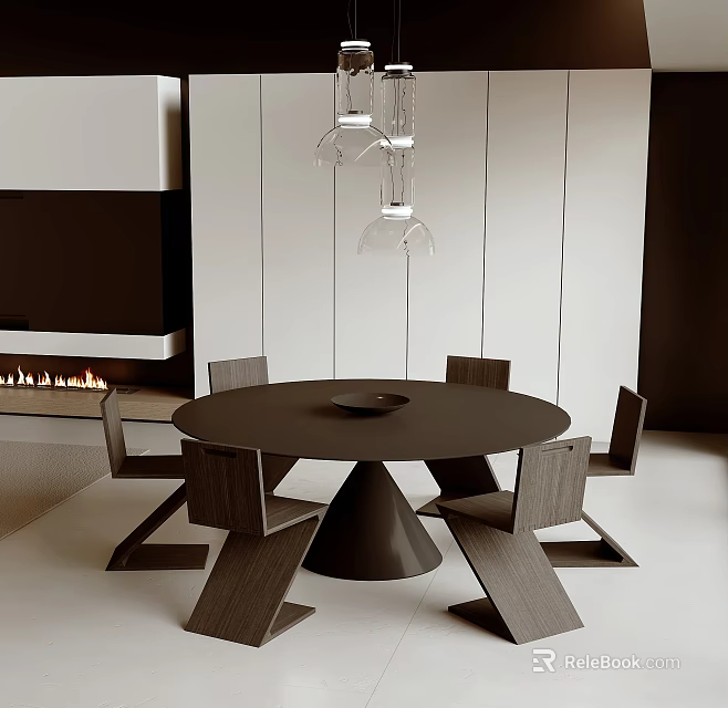 Modern Round Dining Table Set With Chairs Pendant Lights And Fireplace 3d model 