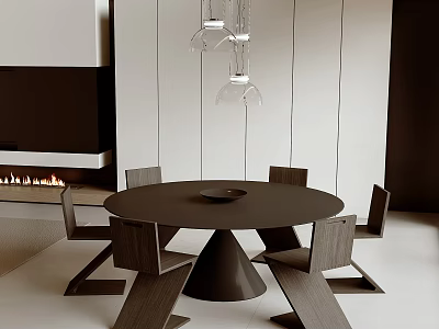 Modern Round Dining Table Set With Chairs Pendant Lights And Fireplace 3d model