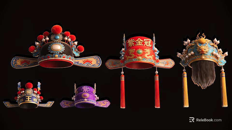 Traditional Chinese Hat Shaped Pendant With Red Purple Black Tassels Beads And Embroidery 3d model 