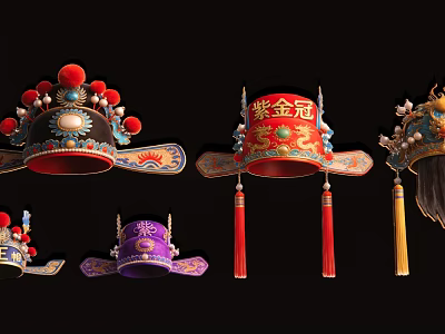 Traditional Chinese Hat Shaped Pendant With Red Purple Black Tassels Beads And Embroidery 3d model