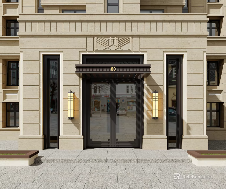 Classic Building Entrance With Light Stone Facade Glass Doors Number 80 And Wall Lamps 3d model 