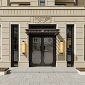 Classic Building Entrance With Light Stone Facade Glass Doors Number 80 And Wall Lamps