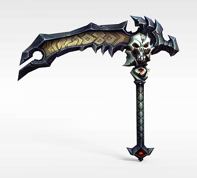 Tech Exhibition Hall Showcasing Intricate Patterned Weapon With Skull Design And Red Gem 3d model