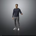 Man wearing dark blue long sleeve shirt gray pants white shoes with right hand extended