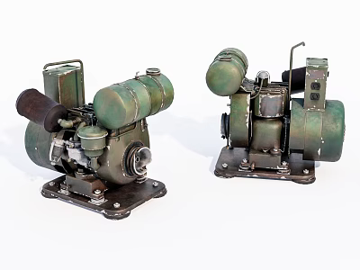 Two Green Vintage Military Weapon Mechanical Devices With Metal Bases 3d model