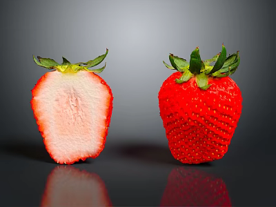 Fresh Whole And Sliced Strawberries With Green Leaves Red Skin And Fleshy Interior 3d model