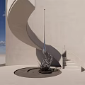 Modern Outdoor Sculpture Art With Spiral Staircase And White Building Design