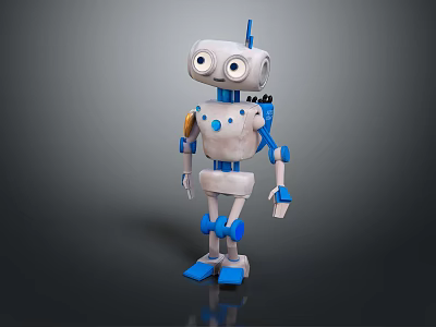 Cute White Blue Robot With Big Eyes Antenna And Mechanical Limbs In Cartoon Style 3d model