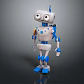 Cute White Blue Robot With Big Eyes Antenna And Mechanical Limbs In Cartoon Style