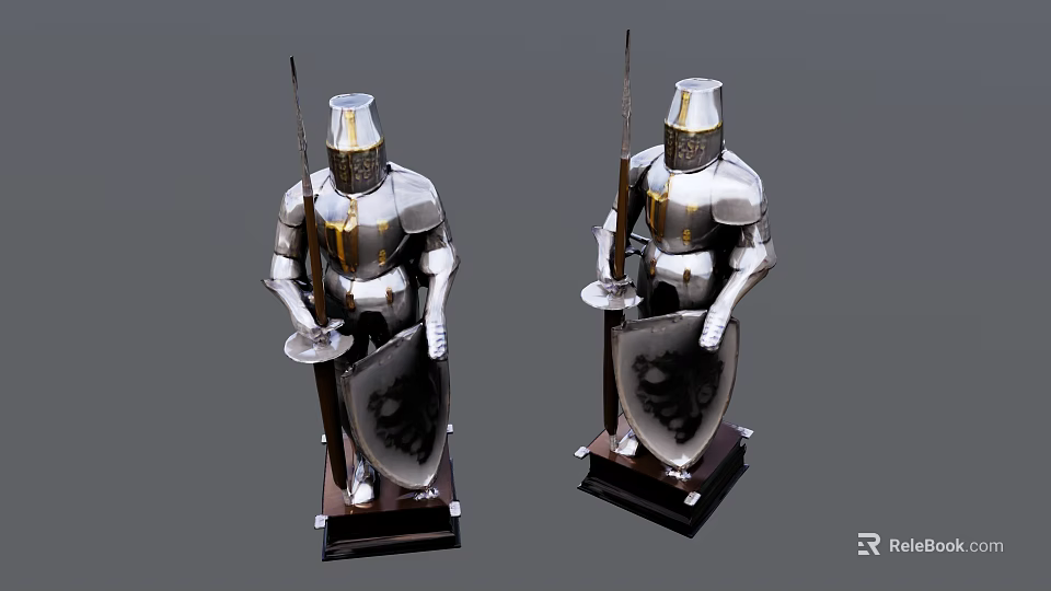 Detailed Medieval Knight Armor Sculptures With Shield Spear And Wooden Base 3d model 