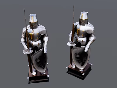 Detailed Medieval Knight Armor Sculptures With Shield Spear And Wooden Base 3d model