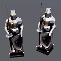 Detailed Medieval Knight Armor Sculptures With Shield Spear And Wooden Base