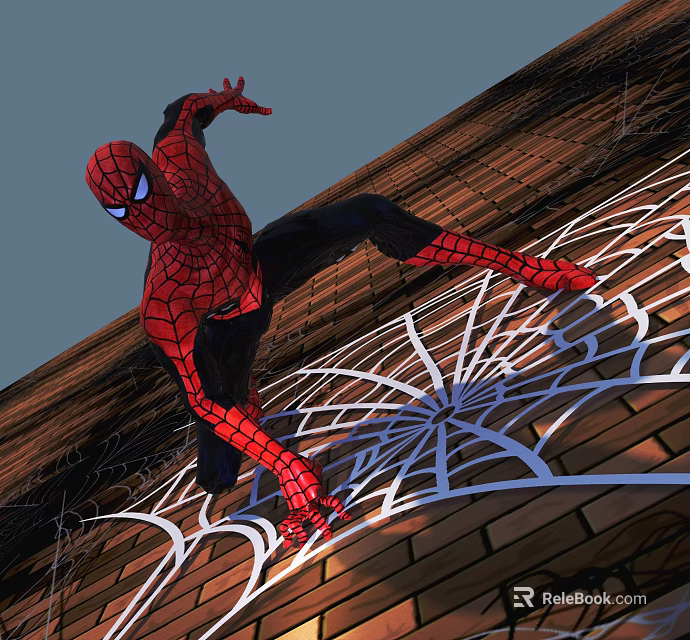 Spider Man Crawling On Brick Wall With Intricate Spider Web Design 3d model 