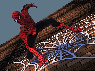 Spider Man Crawling On Brick Wall With Intricate Spider Web Design 3d model