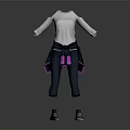 Stylish Casual Outfit With White Long Sleeve Top Dark Pants Blue Shoes And Purple Details