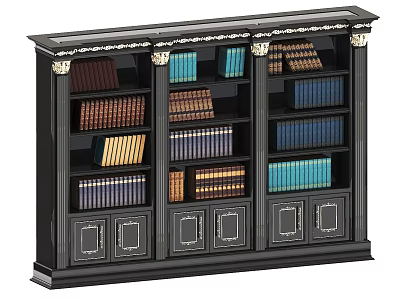 Dark Ornate Bookcase With Decorative Columns And Colorful Books On Shelves 3d model