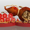 Chinese New Year Decorations With Red Circular Plaques Gourd Ornament And Golden Coins