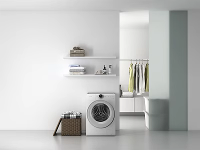 White Washing Machine in Modern Laundry Room With Shelves Folded Clothes and Hanging Garments 3d model