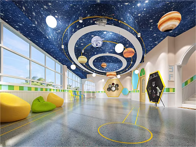 Kindergarten Interior Design With Starry Ceiling Planet Decorations Colorful Seats Spacious Corridor And Bright Windows 3d model