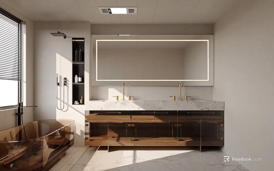 Modern Bathroom Interior With Large Mirror Double Sink Vanity Marble Counter And Brass Faucets 3d model 