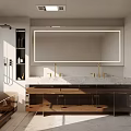 Modern Bathroom Interior With Large Mirror Double Sink Vanity Marble Counter And Brass Faucets