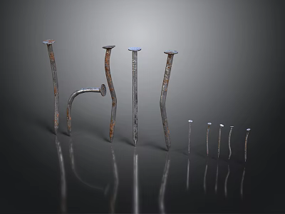 Assorted Metal Nails In Various Shapes Sizes And Rusted Details 3d model