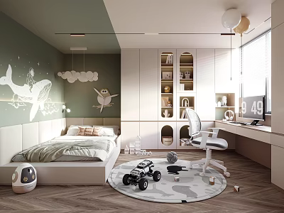 Tatami Bedroom With Whale Cloud Decor Green Wall Desk Chair Round Carpet 3d model