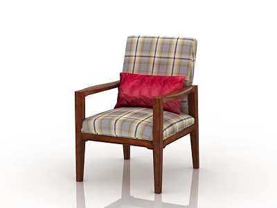 Plaid Pattern Accent Chair With Wooden Frame And Red Decorative Pillow 3d model