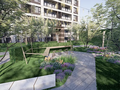 Stylish Landscape Seats In Garden With Modern Apartment Building Green Plants Lawn And Pathway 3d model
