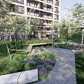 Stylish Landscape Seats In Garden With Modern Apartment Building Green Plants Lawn And Pathway