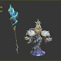 Fantasy Woman Character With Blue Feathered Dress Crown And Crystal Magic Staff