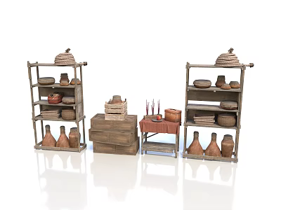 Scenic Countryside View With Wooden Shelves Holding Clay Pots And Woven Items 3d model
