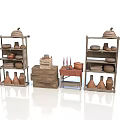 Scenic Countryside View With Wooden Shelves Holding Clay Pots And Woven Items