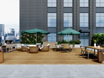 Scenic Outdoor Terrace With Wooden Deck Green Umbrellas Tables Chairs And Plants 3d model