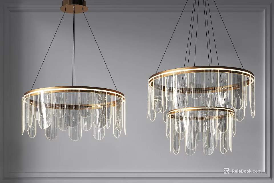 Modern Elegant Chandeliers With Gold Metal Frames And Hanging Clear Glass Tubes 3d model 