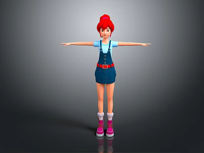 Cartoon Girl With Red Hair Standing In Blue Overalls Arms Outstretched Pink Shoes White Socks 3d model
