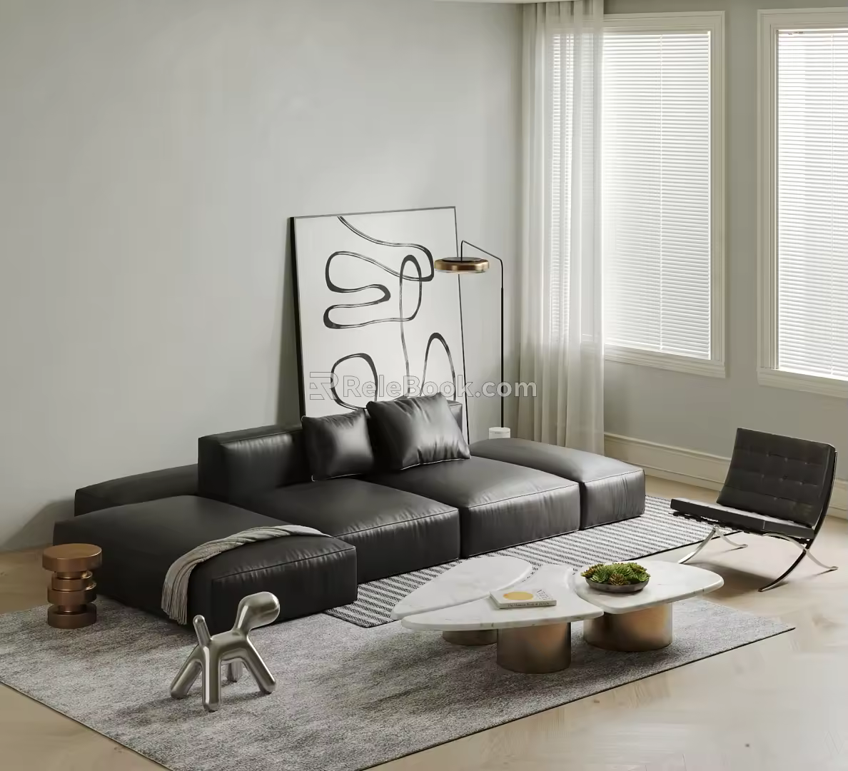 Modern Tofu Block Leather Sofa Coffee Table Combination Big Black Cow Sofa Coffee Table Combination Modular Sofa Leisure Chair Sofa Chair 3d model