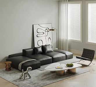 Modern Tofu Block Leather Sofa Coffee Table Combination Big Black Cow Sofa Coffee Table Combination Modular Sofa Leisure Chair Sofa Chair 3d model