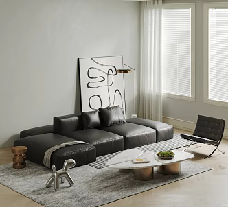 Modern Tofu Block Leather Sofa Coffee Table Combination Big Black Cow Sofa Coffee Table Combination Modular Sofa Leisure Chair Sofa Chair 3d model