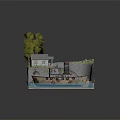 Cartoon Scene Featuring Old Boat With Chimney Small House Trees Tunnel Water And Grass