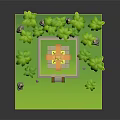 3D Cartoon Scene With Green Grass Platform Yellow Temple Stone Steps And Palm Trees
