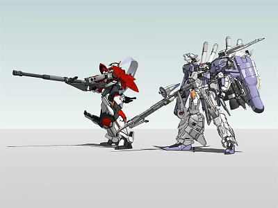 Intelligent Robotic Machines With Red White Gray Purple Armor And Long Weapons 3d model