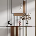 Modern Entryway Console Table With Circular Mirror Decorative Vase And Striped Wall 3d model