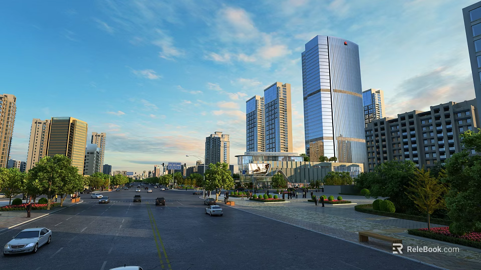Road Infrastructure in Urban Environment With High Rise Buildings Greenery and Vehicles 3d model 