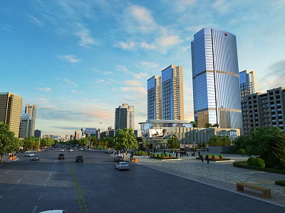 Road Infrastructure in Urban Environment With High Rise Buildings Greenery and Vehicles 3d model