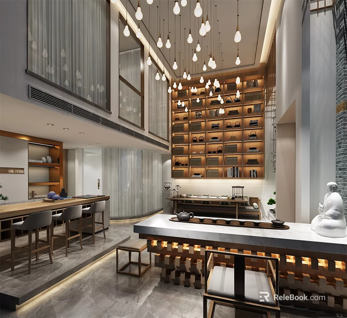 Traditional Chinese Teahouse Interior With Wooden Bookshelves Hanging Lights Marble Counter And Buddha Statue 3d model 
