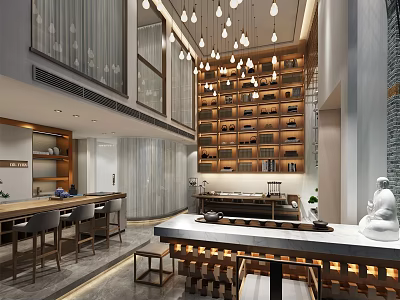 Traditional Chinese Teahouse Interior With Wooden Bookshelves Hanging Lights Marble Counter And Buddha Statue 3d model