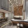 Traditional Chinese Teahouse Interior With Wooden Bookshelves Hanging Lights Marble Counter And Buddha Statue
