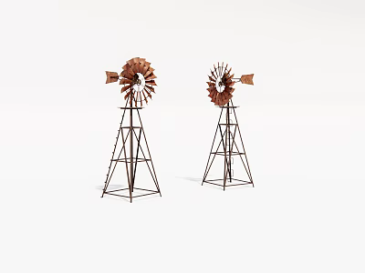 Two Industrial Metal Windmill Models With Sturdy Tripod Base Structure 3d model